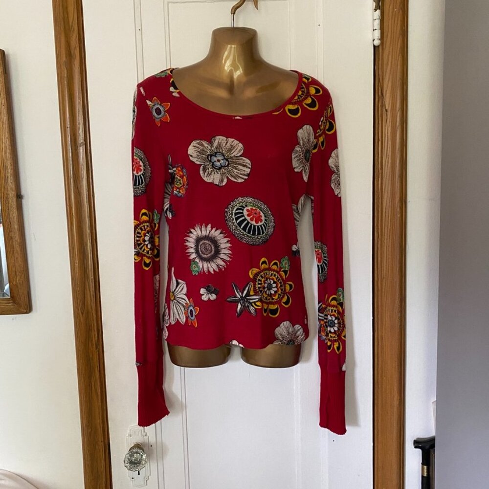 Long Sleeve Red Floral Women's Blouse | Azuleros French Designer Clothing |